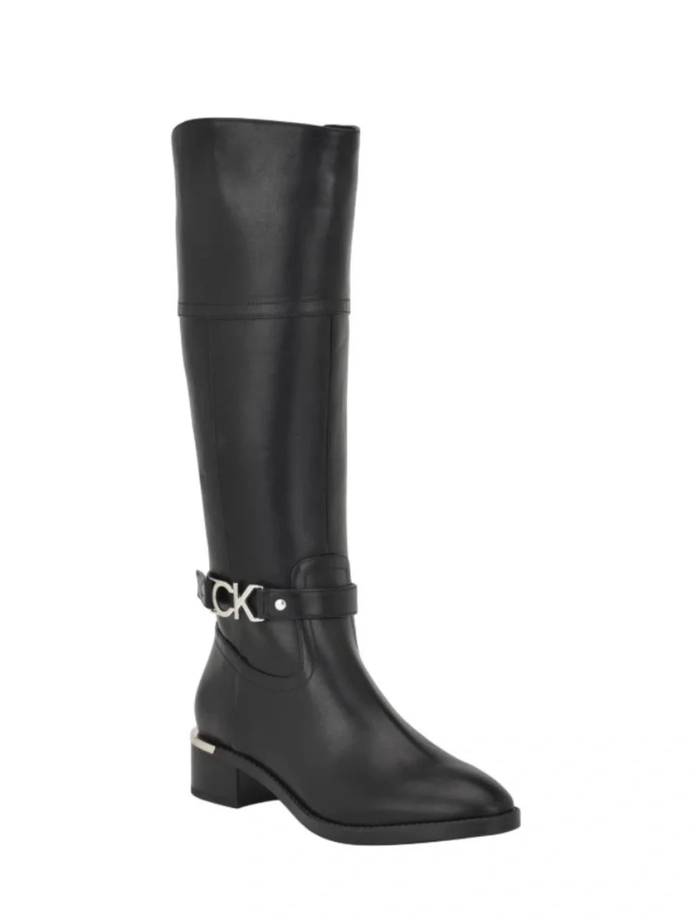 Calvin Klein Knee High Boots • Black Leather • CK Logo Strap • Size 9